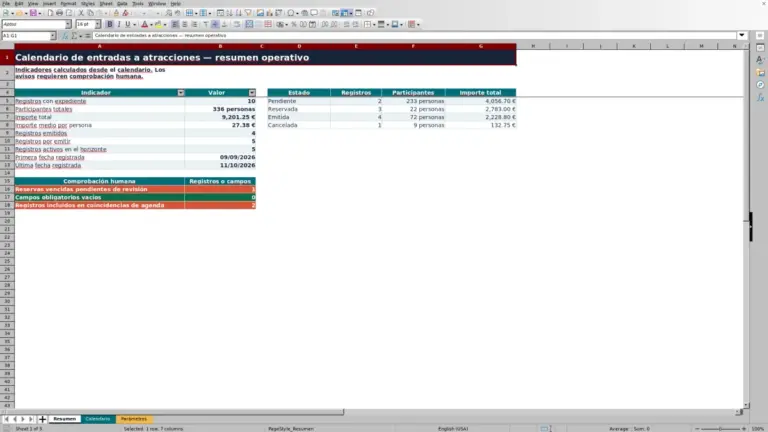 Vista previa de Calendario de entradas a atracciones en Excel 2026