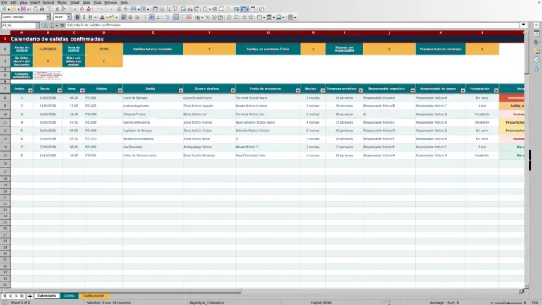 Vista previa de Calendario de salidas confirmadas 2026 en Excel