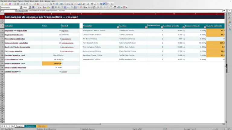 Vista previa de Comparador de equipaje por transportista en Excel
