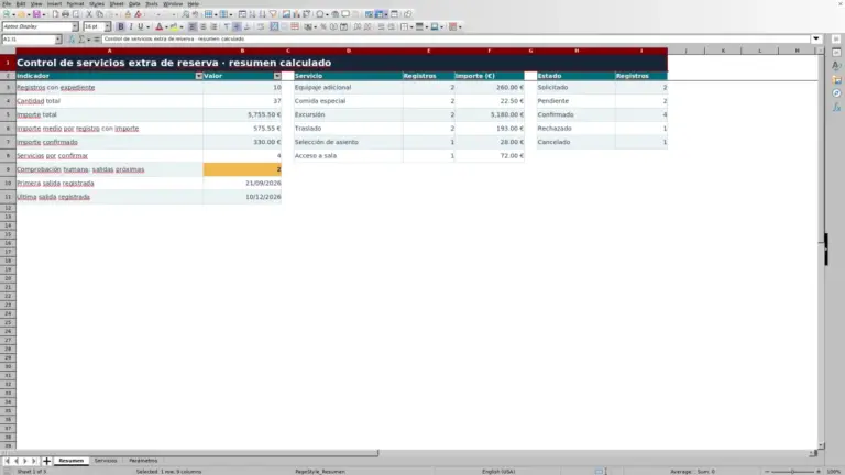 Vista previa de Plantilla Excel para el control de servicios extra de reserva