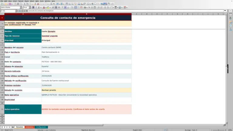 Vista previa de Directorio de emergencias por destino en Excel